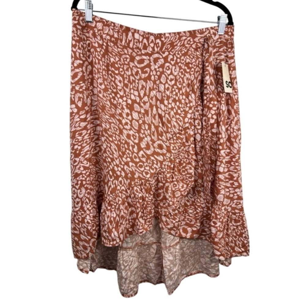 SO, Wrap Midi Skirt, Brown Pink Animal Print, Rayon, Boho Flowy Cottagecore